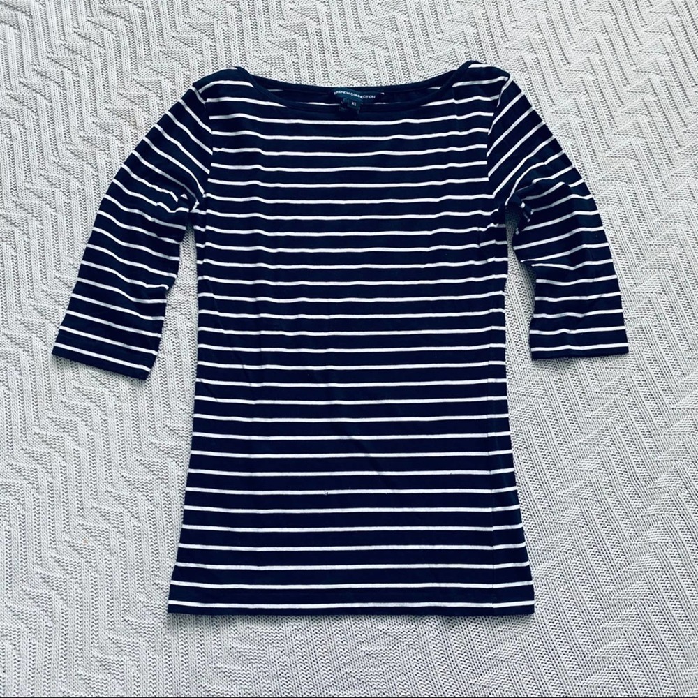 French Connection navy striped 3/4 sleeve tee